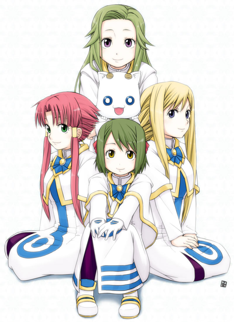 nagian, aino ai, alicia florence, ametsuchi akino, aria pokoteng, mizunashi akari, aria (manga), 00s, 4girls, aria company uniform, blonde hair, blouse, blue eyes, brown eyes, cat, forehead, green eyes, green hair, long hair, multiple girls, pantyhose, pink hair, purple eyes, shirt, short hair, sitting, smile, white shirt