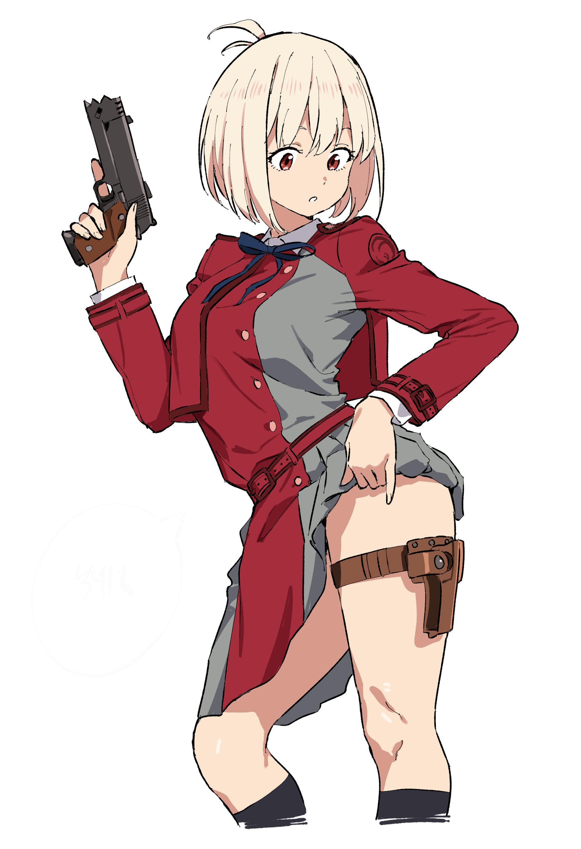 nishikigi chisato, lycoris recoil, absurdres, highres, 1girl, asdf 4532, belt, black socks, blonde hair, blue ribbon, bob cut, clothes lift, dress, dress lift, grey dress, gun, hand up, holding, holding gun, holding weapon, holster, kneehighs, lifting own clothes, long sleeves, lycoris uniform, neck ribbon, one side up, pleated dress, red belt, red dress, red eyes, ribbon, short hair, simple background, skirt, skirt lift, socks, solo, thigh holster, thighs, two-tone dress, weapon, weapon case, white background