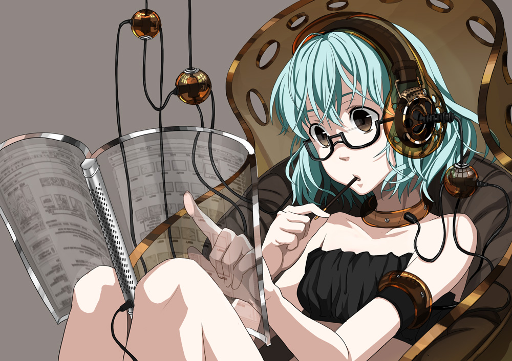 osamu (jagabata), original, 1girl, armlet, blue hair, book, brown eyes, cable, collar, female focus, food, glasses, headphones, jewelry, pocky, semi-rimless eyewear, short hair, sitting, solo, strapless, technology, tube top, under-rim eyewear