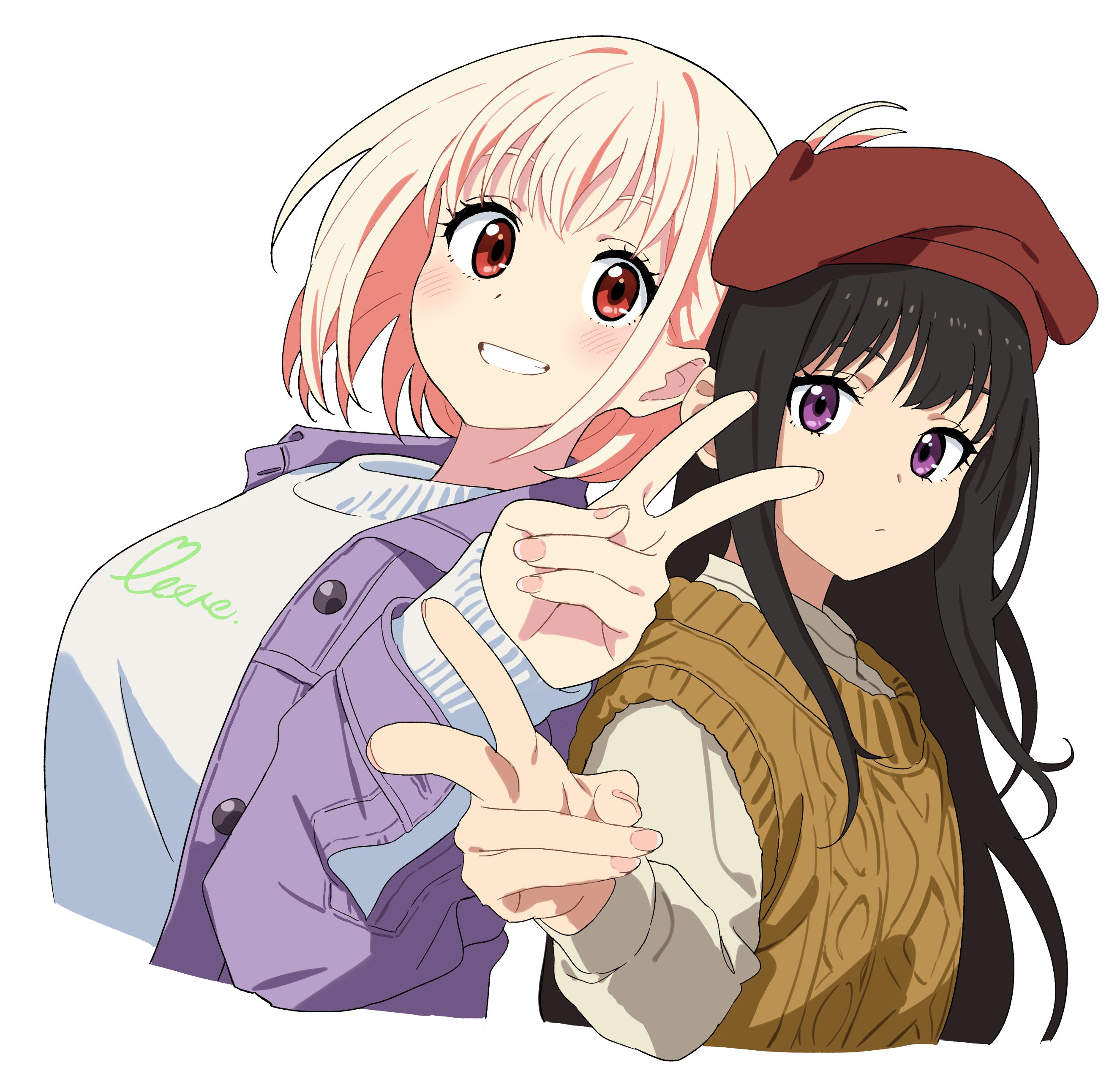 inoue takina, nishikigi chisato, lycoris recoil, absurdres, highres, 2girls, asdf 4532, back-to-back, black hair, blonde hair, blush, bob cut, brown shirt, brown sweater vest, closed mouth, fingernails, grey jacket, grin, hat, jacket, long hair, long sleeves, looking at viewer, multiple girls, one side up, purple eyes, red eyes, red hat, shirt, short hair, simple background, smile, sweater, sweater vest, v, white background, white sweater