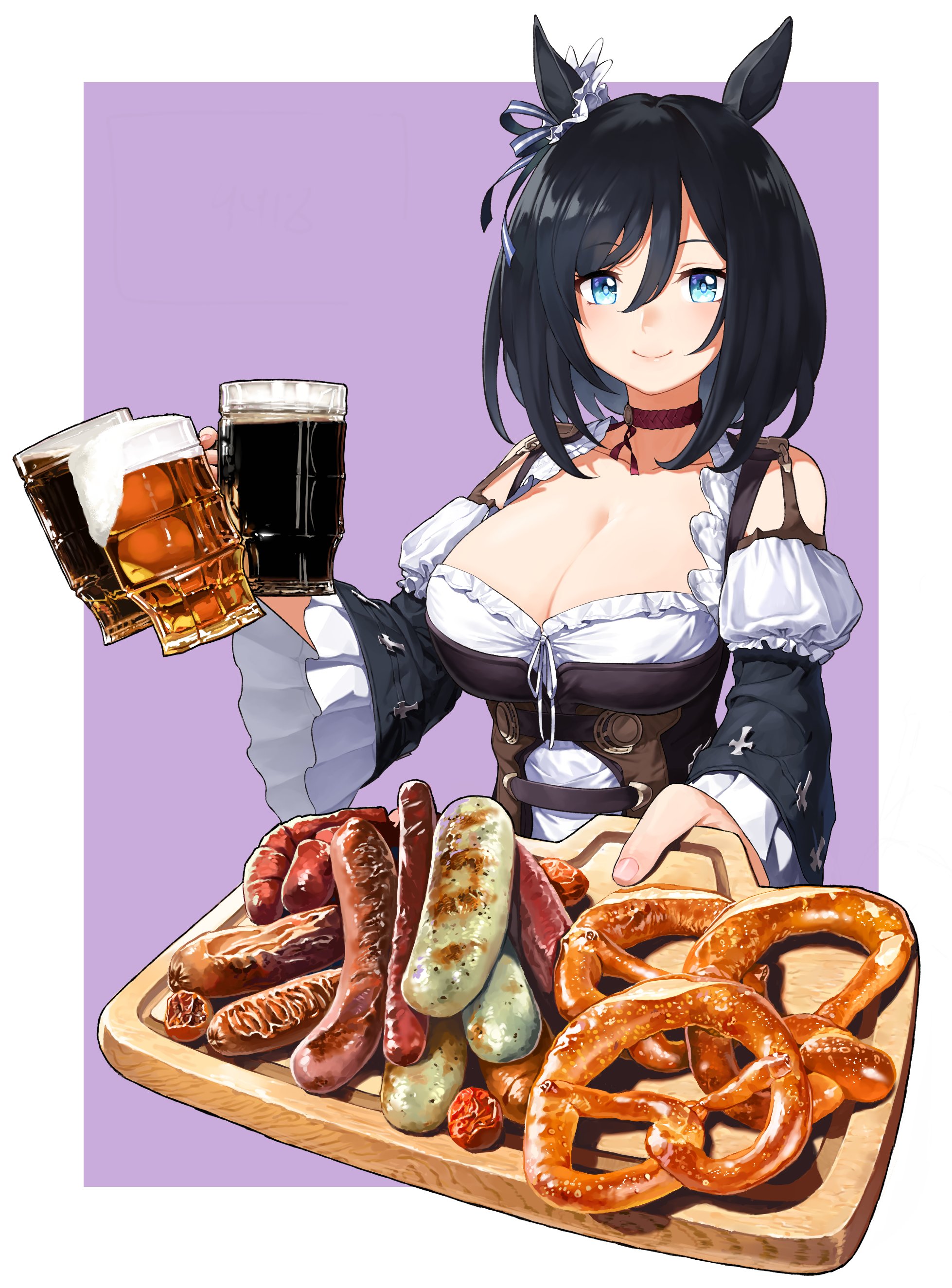 eishin flash (meisterschaft) (umamusume), eishin flash (umamusume), umamusume, absurdres, highres, 1girl, animal ears, asdf 4532, beer mug, black choker, black hair, blue eyes, bob cut, bodice, border, breasts, choker, cleavage, closed mouth, cup, detached sleeves, dirndl, ear ornament, ear scrunchie, food, frilled sleeves, frills, german clothes, hair between eyes, holding, holding cup, holding tray, horse ears, horse girl, large breasts, looking at viewer, mug, outside border, puffy sleeves, sausage, scrunchie, short hair, simple background, smile, solo, swept bangs, tray, white border, white scrunchie, wide sleeves