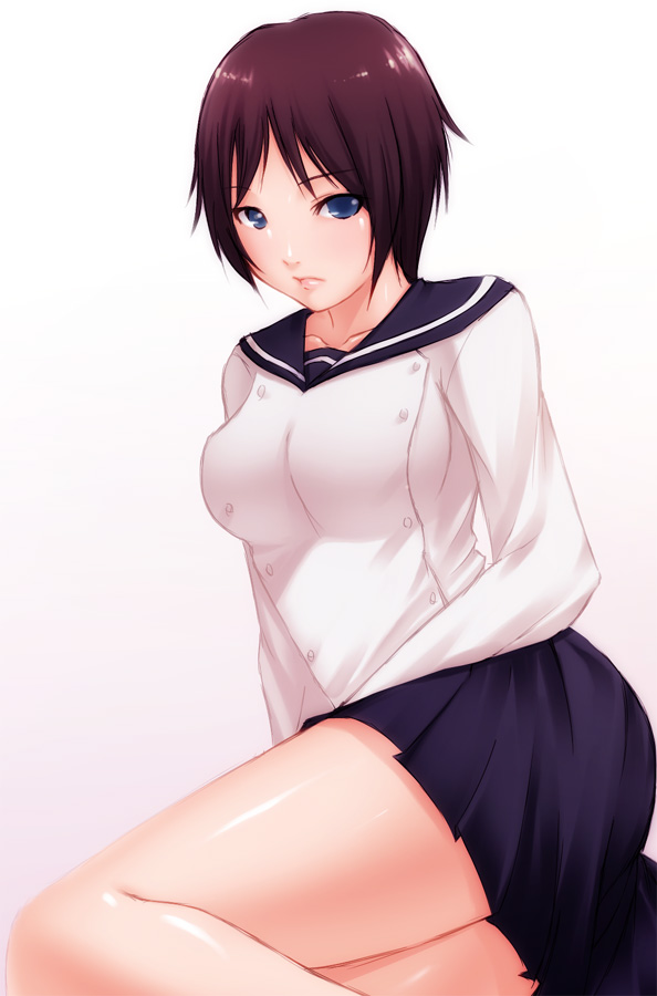 shokuyou mogura, tsuchimiya kagura, ga-rei, ga-rei zero, bad id, bad pixiv id, 00s, 1girl, blue eyes, brown hair, female focus, legs, miniskirt, pleated skirt, purple hair, school uniform, serafuku, short hair, sitting, skirt, solo