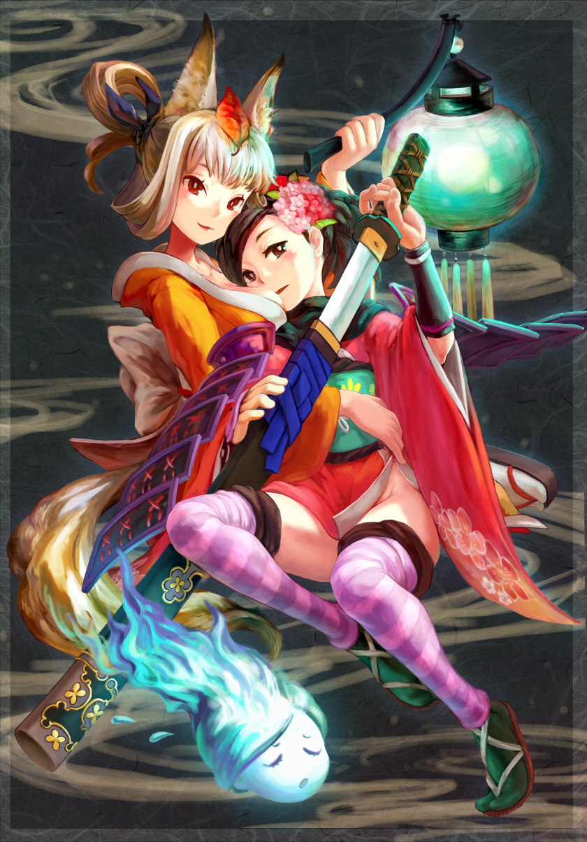 hiz, izuna jinkuro, jinkuro, kongiku, momohime, momohime (hitodama), oboro muramasa, purple legwear, striped legwear, bad id, bad pixiv id, highres, 2girls, animal ears, armor, between breasts, blush, breasts, dual persona, flower, flying sweatdrops, fox ears, fox tail, hair flower, hair ornament, hair up, hitodama, hug, japanese clothes, katana, kimono, lantern, leaf, leaf on head, multiple girls, no panties, object on head, paper lantern, sheath, socks, spirit, striped clothes, striped thighhighs, sword, tail, tassel, thighhighs, unsheathing, weapon