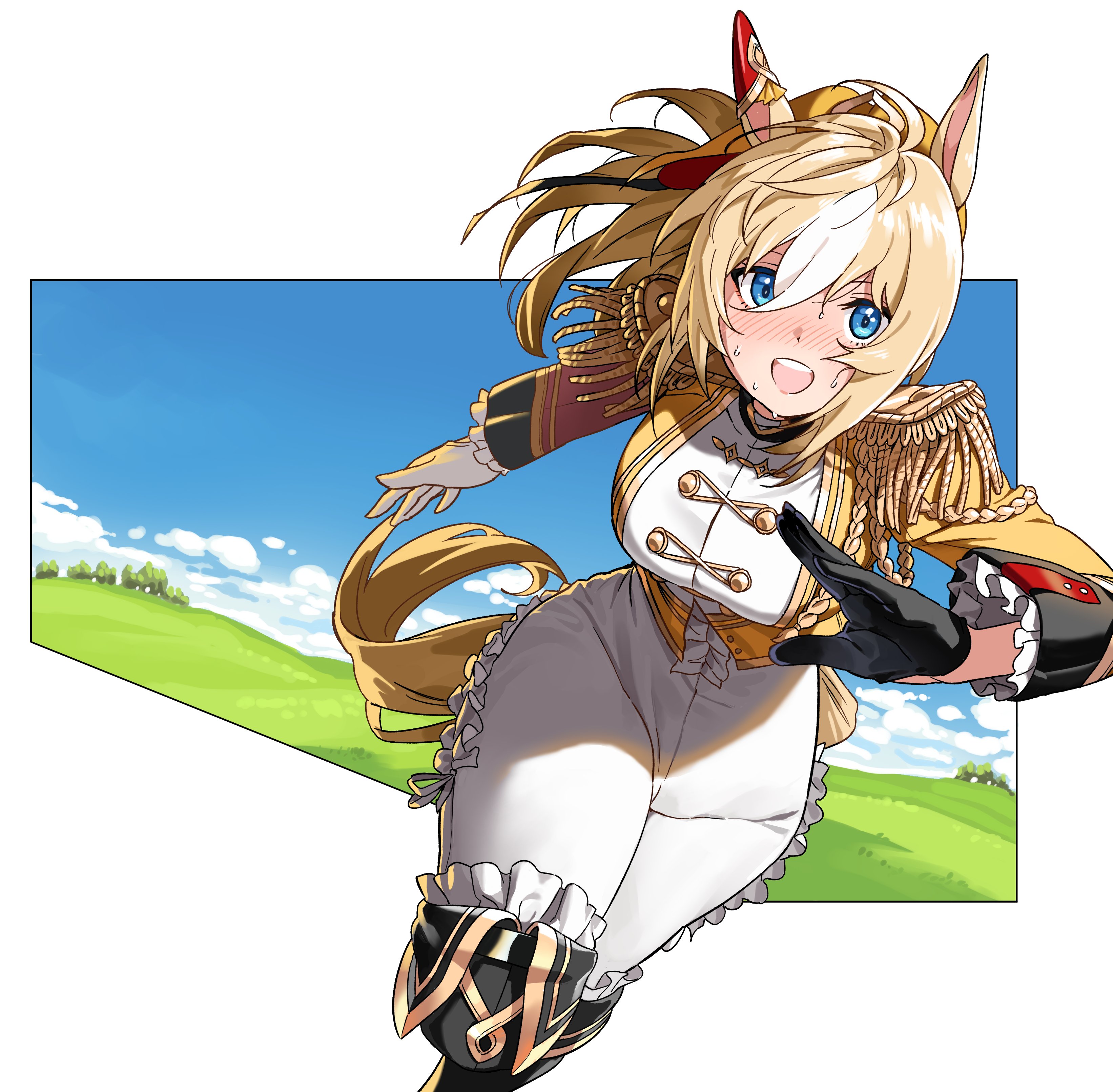 durandal (chevalier fidele) (umamusume), durandal (umamusume), umamusume, absurdres, highres, 1girl, animal ears, asdf 4532, asymmetrical gloves, asymmetrical jacket, black gloves, blonde hair, blue eyes, blue sky, bodysuit, ear covers, epaulettes, frilled bodysuit, gloves, horse ears, horse girl, horse tail, mismatched gloves, open mouth, outside border, running, simple background, single ear cover, sky, smile, solo, sweat, tail, teeth, upper teeth only, white background, white bodysuit, white gloves, white streaks