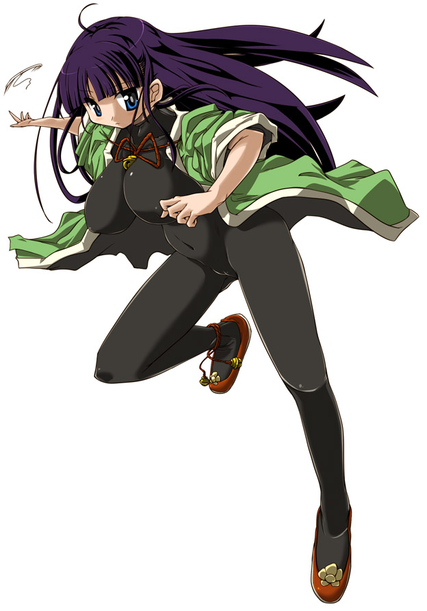 hirowa nagi, ran (7th dragon), samurai (7th dragon), 7th dragon, 7th dragon (series), 1girl, anklet, blue eyes, bodysuit, breasts, cameltoe, cleavage, female focus, jewelry, large breasts, latex, long hair, purple hair, skin tight, solo