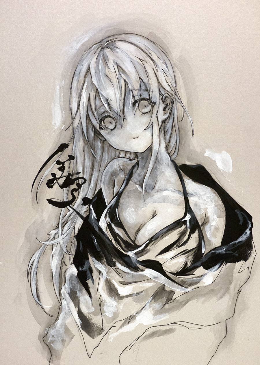 ikeda ruriko, original, highres, traditional media, 1girl, black tank top, breasts, cleavage, greyscale, long hair, looking at viewer, monochrome, solo, tank top, upper body, white background