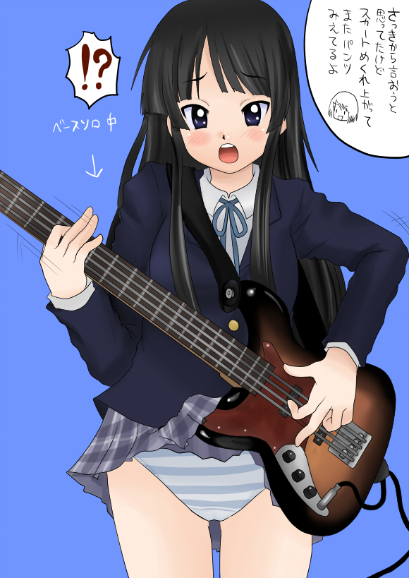 nullhachi, akiyama mio, k-on!, bad id, bad pixiv id, translated, 00s, 1girl, bass guitar, black hair, blazer, blue eyes, blunt bangs, blush, clothes lift, embarrassed, female focus, guitar, hime cut, instrument, jacket, long hair, miniskirt, panties, pantyshot, plaid clothes, plaid skirt, ribbon, school uniform, simple background, skirt, skirt lift, solo, striped clothes, striped panties, underwear