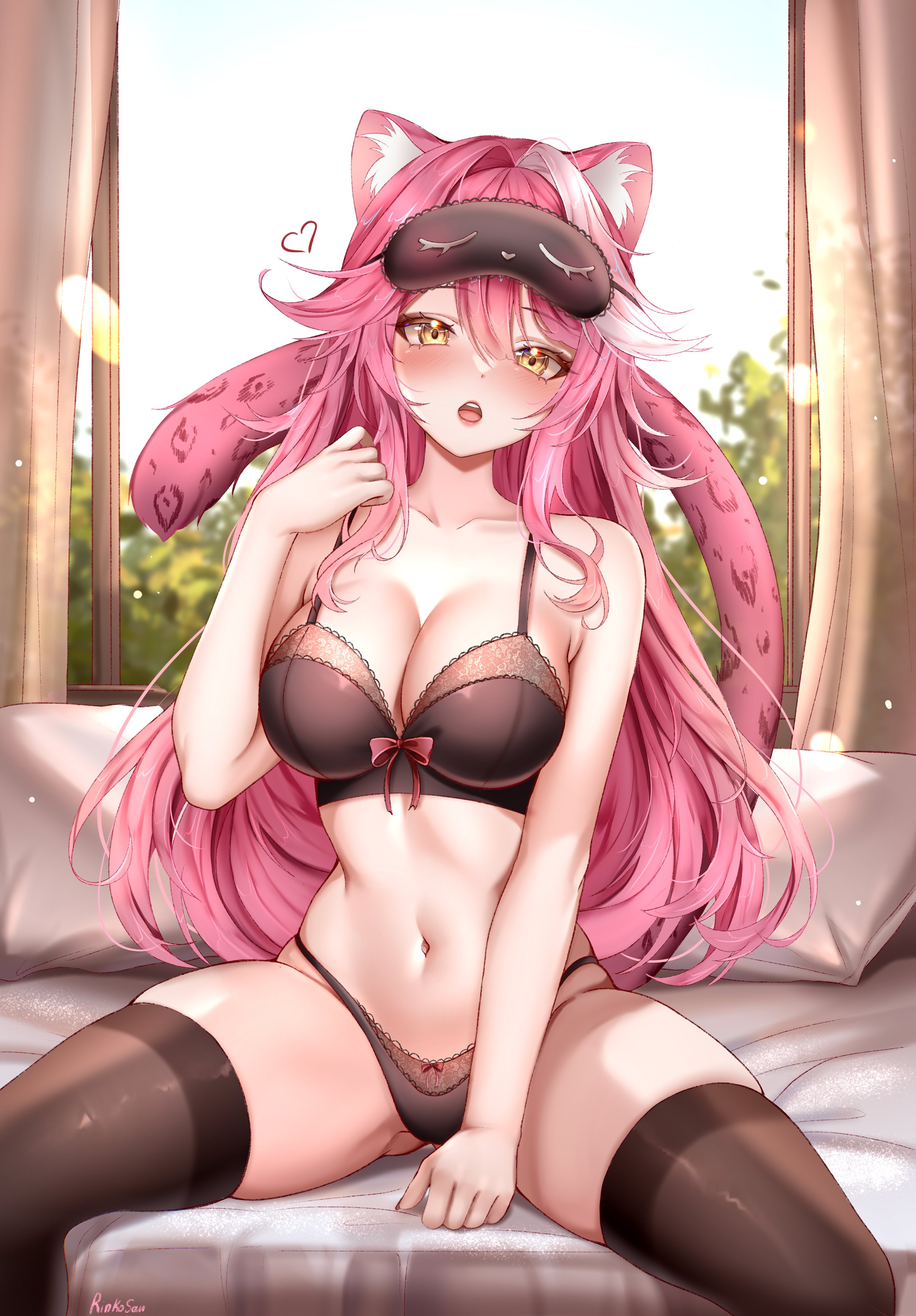 rinkosannn, raora panthera, hololive, hololive english, absurdres, commentary, english commentary, highres, 1girl, animal ears, artist name, bed, black bra, black mask, black nails, black panties, blush, bow, bow bra, bow panties, bra, breasts, brown thighhighs, cleavage, collarbone, curtains, day, fingernails, hair intakes, heart, indoors, large breasts, long hair, looking at viewer, mask, mask on head, multicolored hair, nail polish, navel, open mouth, panther ears, panther girl, panther tail, panties, pillow, pink hair, pink lips, pink tail, plant, red bow, sitting, sleep mask, solo, stomach, streaked hair, tail, teeth, thighhighs, thighs, tongue, underwear, virtual youtuber, window, yellow eyes