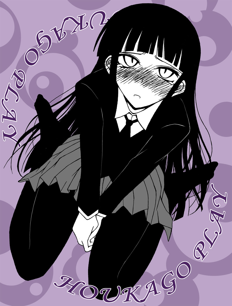 akigatsu akina, akizuki akina, female protagonist (houkago play), houkago play, bad id, bad pixiv id, 1girl, blunt bangs, blush, female focus, from above, hime cut, long hair, monochrome, necktie, pantyhose, purple background, school uniform, solo, very long hair
