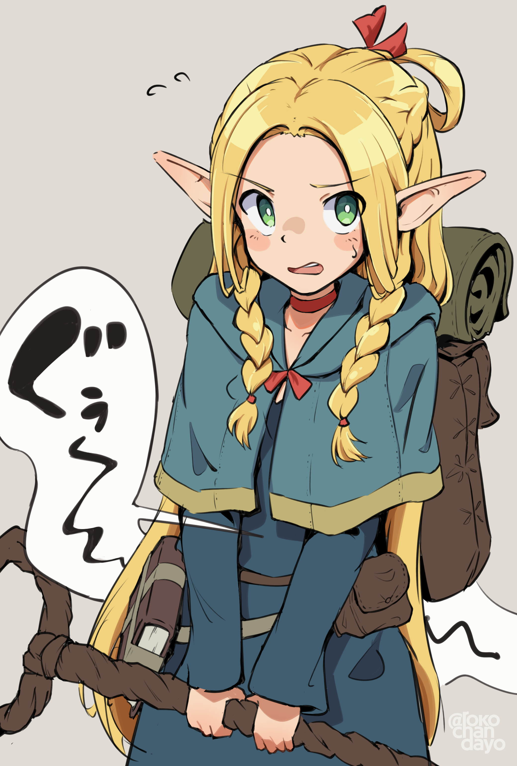 rokochandayo, marcille donato, dungeon meshi, absurdres, commentary request, highres, 1girl, bag, blonde hair, blue capelet, blue dress, blush stickers, book, braid, bright pupils, capelet, choker, cowboy shot, dress, elf, forehead, green eyes, grey background, half up braid, holding, holding staff, hungry, long hair, long sleeves, looking at viewer, mage staff, open mouth, pointy ears, red choker, side braids, simple background, solo, speech bubble, staff, standing, stomach growling, sweat, v-shaped eyebrows, white pupils