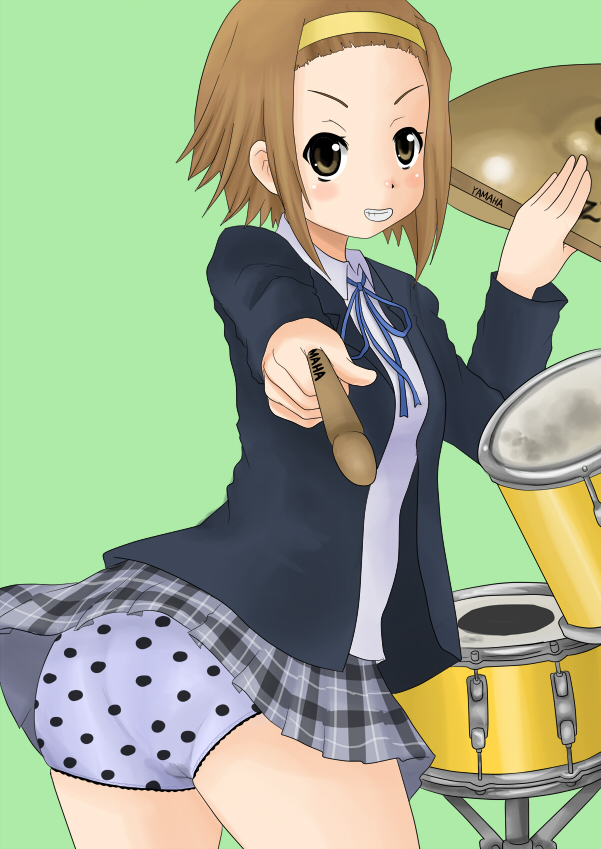 nu ru ha chi, nullhachi, tainaka ritsu, k-on!, light brown hair, bad id, bad pixiv id, 00s, 1girl, ass, blazer, brown eyes, brown hair, cameltoe, clothes lift, drum, female focus, grin, hair ornament, headband, instrument, jacket, miniskirt, panties, plaid clothes, plaid skirt, pleated skirt, polka dot, polka dot panties, ribbon, school uniform, short hair, skirt, skirt lift, smile, solo, underwear