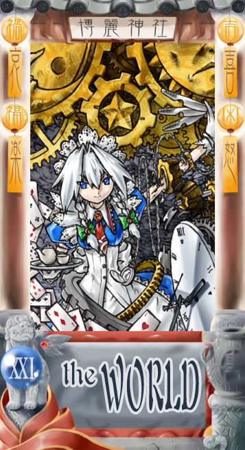 fright (artist), fright (hazelnut cafe), izayoi sakuya, touhou, silver hair, 1girl, alternate costume, blue eyes, braid, card (medium), female focus, hairband, knife, short hair, solo, tarot, tarot (medium), the world (tarot), tray, twin braids