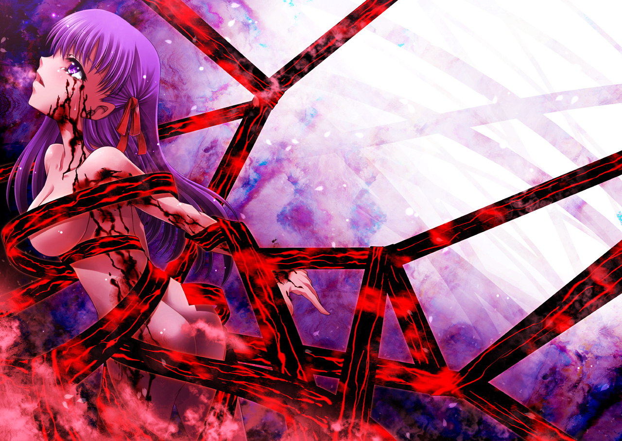 uraomote, dark sakura, matou sakura, fate/stay night, fate (series), 00s, 1girl, blood, breasts, female focus, large breasts, nude, purple eyes, purple hair, solo, tears
