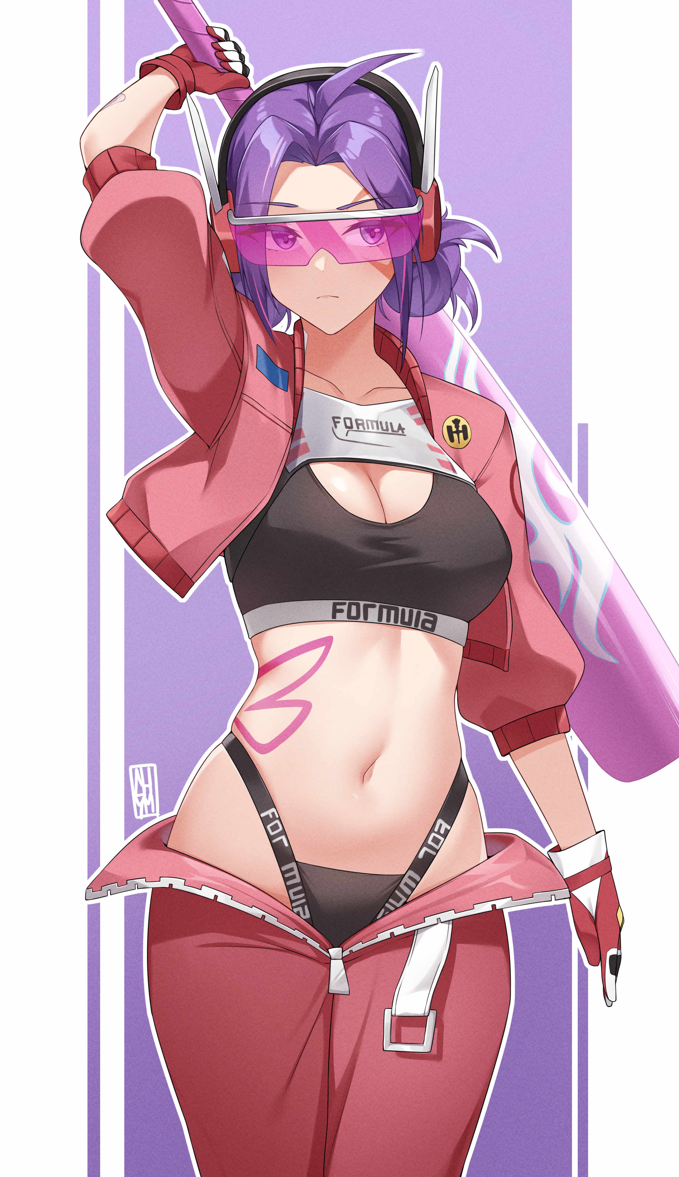 chym39, psylocke, psylocke (fleeting butterfly), marvel, marvel rivals, x-men, absurdres, commentary, english commentary, highres, 1girl, ahoge, bandaid, bandaid on arm, baseball bat, black sports bra, black sports panties, breasts, butterfly tattoo, cleavage, clothes writing, collarbone, cowboy shot, frown, gloves, hand up, holding, holding baseball bat, holding weapon, jacket, large breasts, long hair, navel, official alternate costume, open clothes, open jacket, pants, pink gloves, pink pants, purple-tinted eyewear, purple background, purple eyes, purple hair, race queen, signature, simple background, sports bra, sports panties, stomach, sunglasses, tattoo, tinted eyewear, underwear writing, weapon, zipper, zipper pull tab