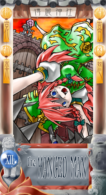 fright (artist), fright (hazelnut cafe), hong meiling, izayoi sakuya, remilia scarlet, touhou, 3girls, alternate costume, bat wings, blue eyes, braid, card (medium), female focus, hat, knife, long hair, multiple girls, red hair, tarot, tarot (medium), tears, the hanged man (tarot), twin braids, umbrella, wings