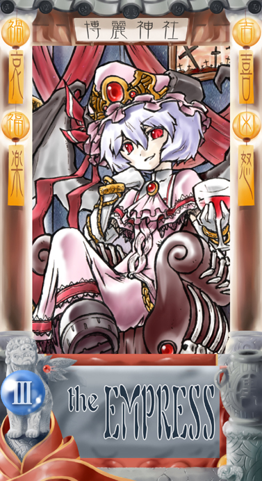 fright (artist), fright (hazelnut cafe), remilia scarlet, touhou, 1girl, alcohol, alternate costume, bat wings, blue hair, card (medium), cupping glass, female focus, hat, red eyes, short hair, solo, tarot, tarot (medium), the empress (tarot), wine, wings