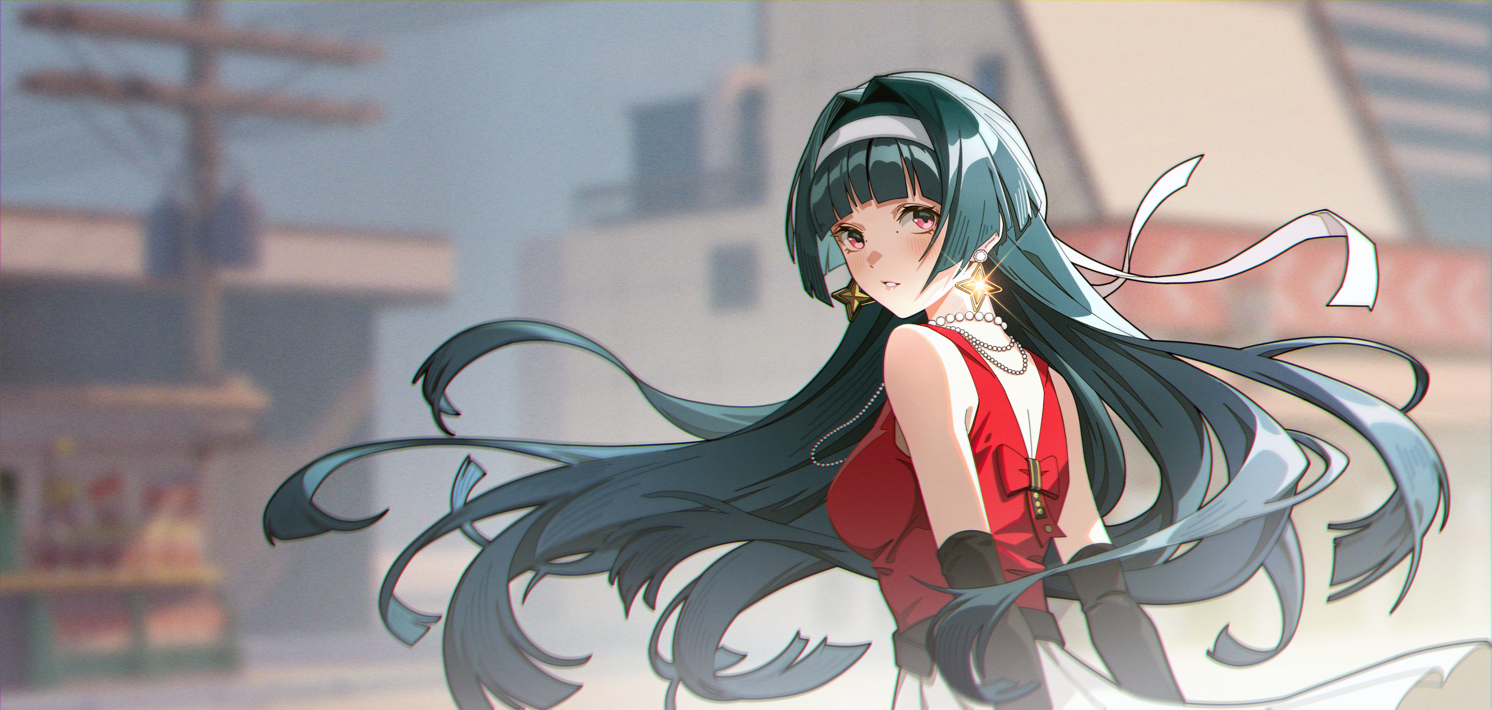 clear water, astra yao, zenless zone zero, commentary request, highres, 1girl, alternate costume, black gloves, black hair, blurry, blurry background, building, earrings, elbow gloves, floating hair, from behind, glint, gloves, hair intakes, hairband, jewelry, long hair, looking at viewer, looking back, necklace, parted lips, power lines, red eyes, red shirt, shirt, skirt, sleeveless, sleeveless shirt, solo, star (symbol), star earrings, upper body, very long hair, white hairband, white skirt