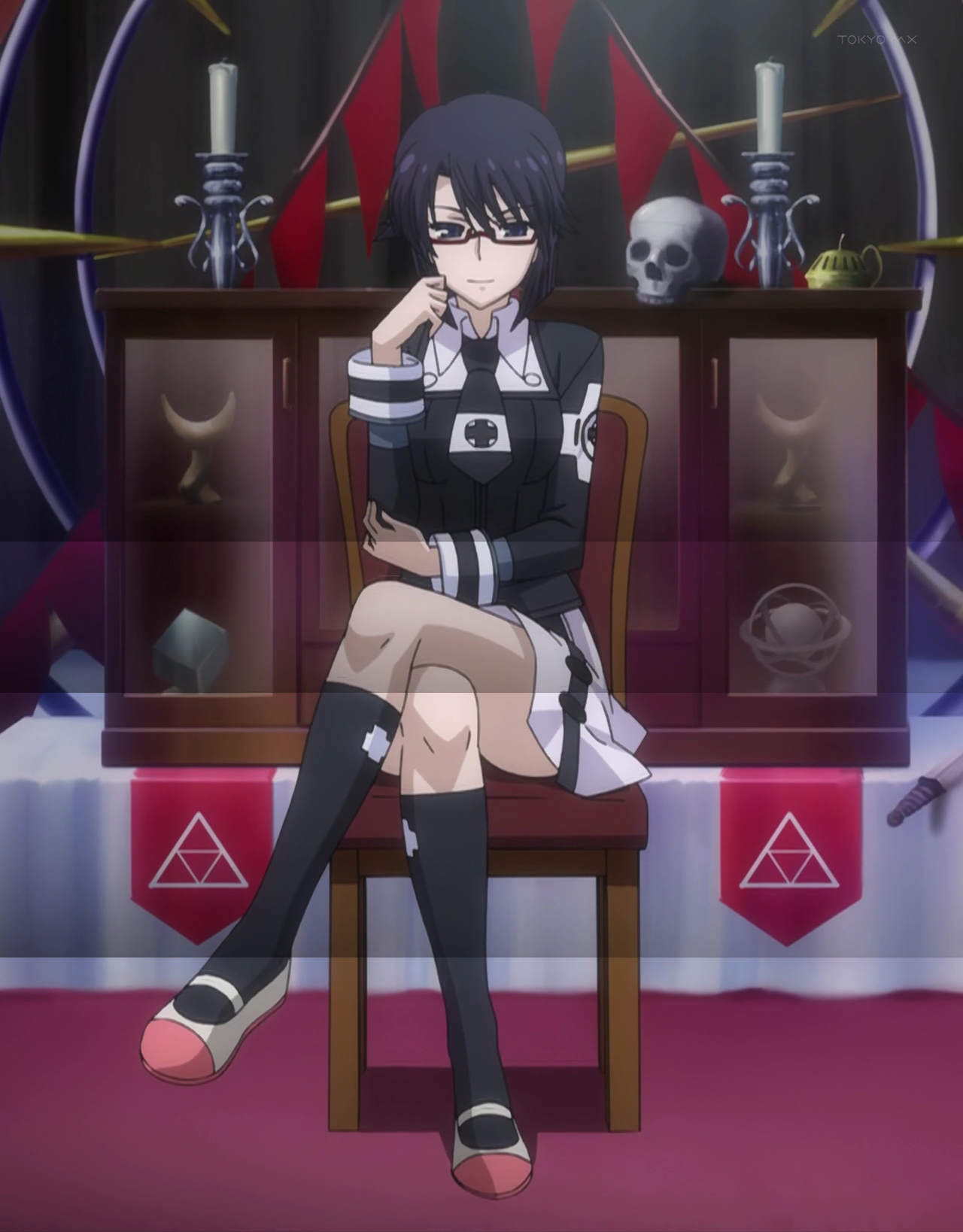 kurosaki shuri, asura cryin', anime screenshot, highres, 00s, glasses, school uniform, solo