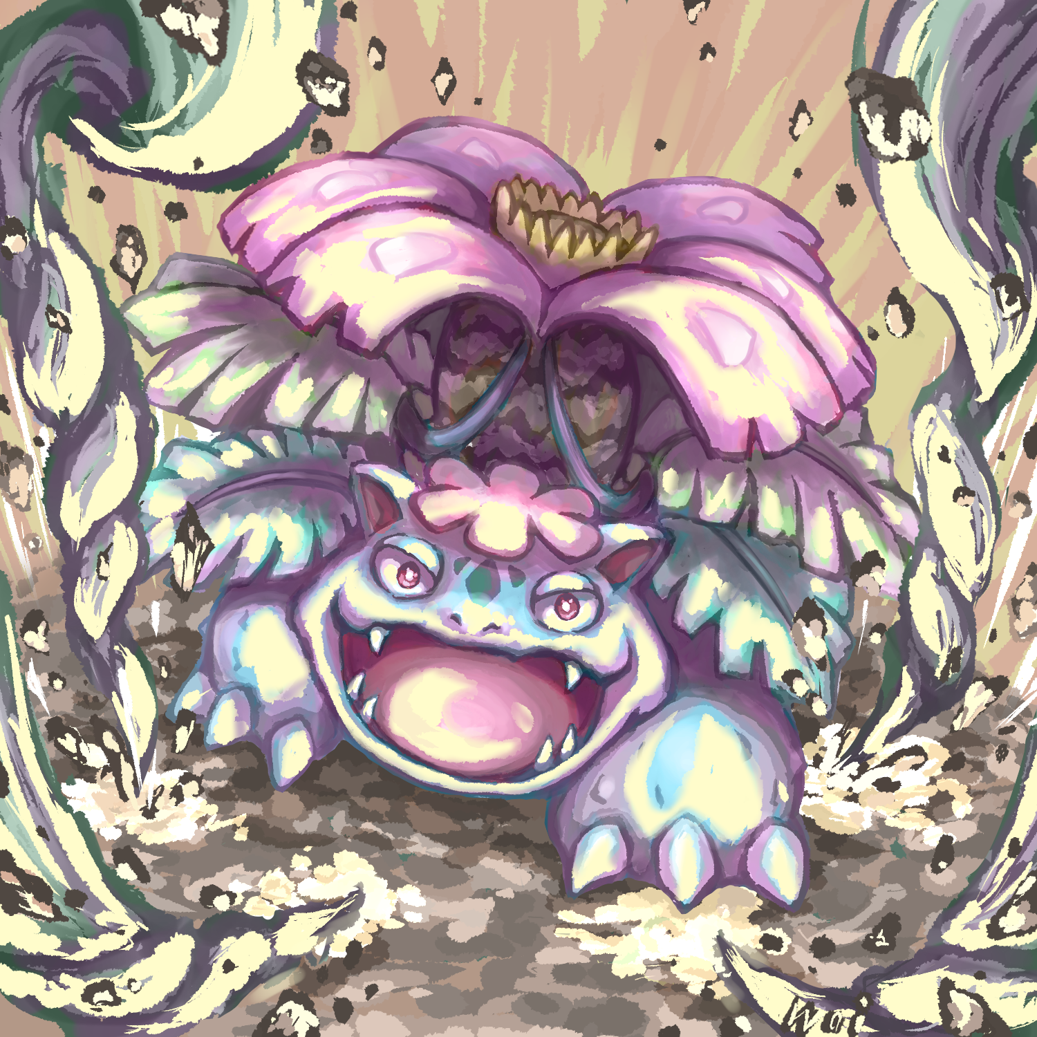 wai152, mega venusaur, venusaur, nintendo, pokemon, commentary request, highres, bright pupils, claws, debris, fangs, flower, frenzy plant (pokemon), gen 1 pokemon, leaf, mega pokemon, no humans, nostrils, open mouth, pink flower, plant, plant roots, pokemon (creature), pokemon focus, pokemon move, red eyes, smile, solo, vines, white pupils