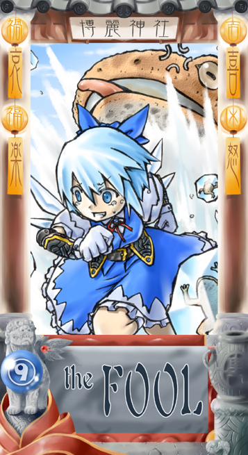 fright (artist), fright (hazelnut cafe), cirno, touhou, 1girl, alternate costume, blue eyes, blue hair, bow, card (medium), circled 9, female focus, frog, hair bow, matching hair/eyes, short hair, solo, tarot, tarot (medium), tears, the fool (tarot), wings