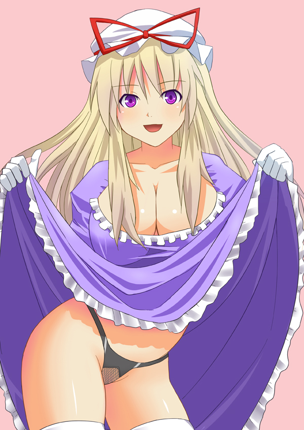 rick.black, yakumo yukari, touhou, 1girl, black panties, blonde hair, breasts, clothes lift, dress, dress lift, female focus, hat, large breasts, long hair, panties, purple eyes, skirt, skirt lift, solo, thighhighs, thighs, thong, underwear, white thighhighs