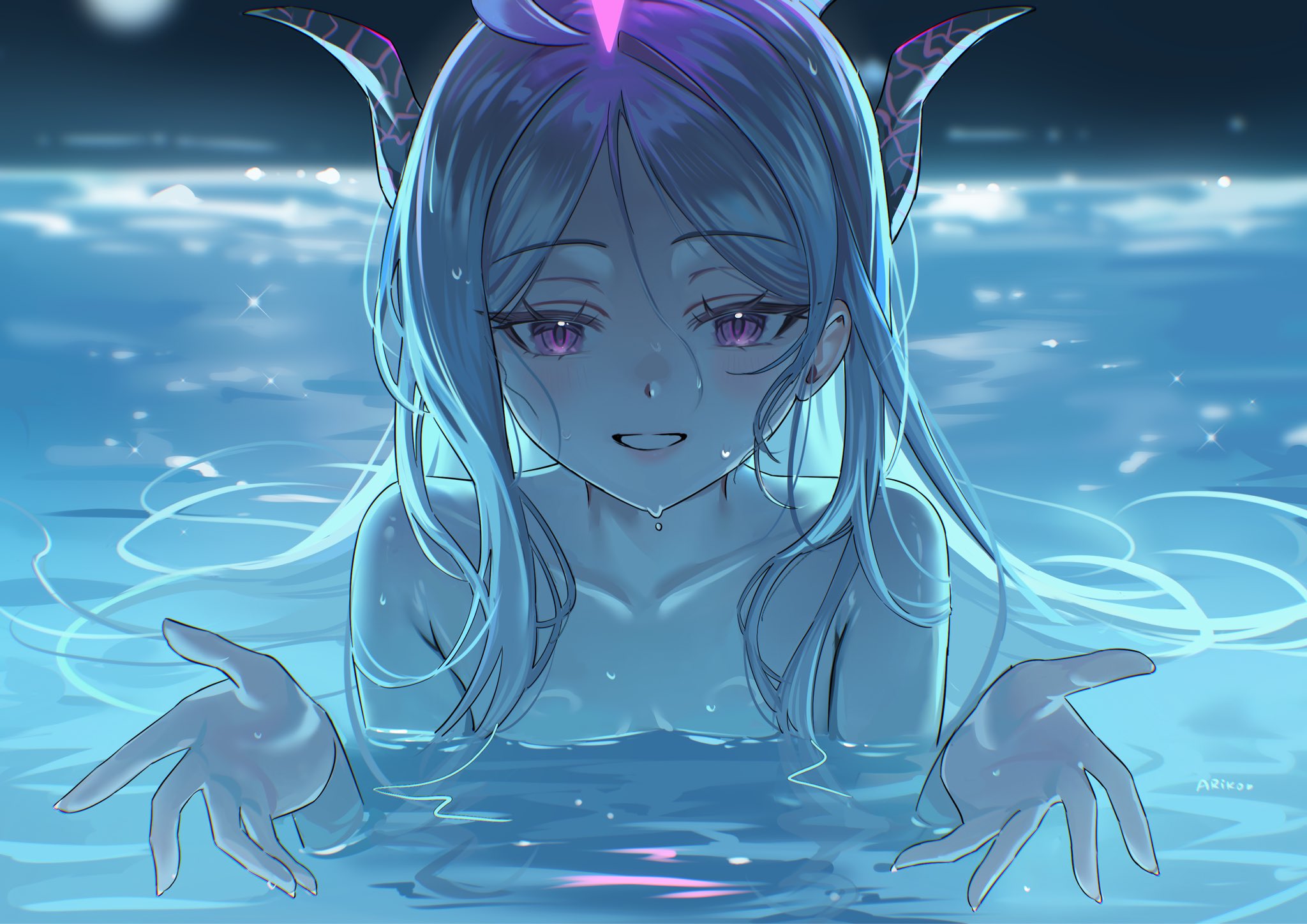 ariko (aaaaarik), hina (blue archive), blue archive, highres, 1girl, breasts, collarbone, halo, horns, i'll teach you everything (chainsaw man), long hair, looking at viewer, middle part, multiple horns, nude, partially submerged, pink eyes, pink halo, pool, reaching, reaching towards viewer, small breasts, solo, upper body, water, white hair