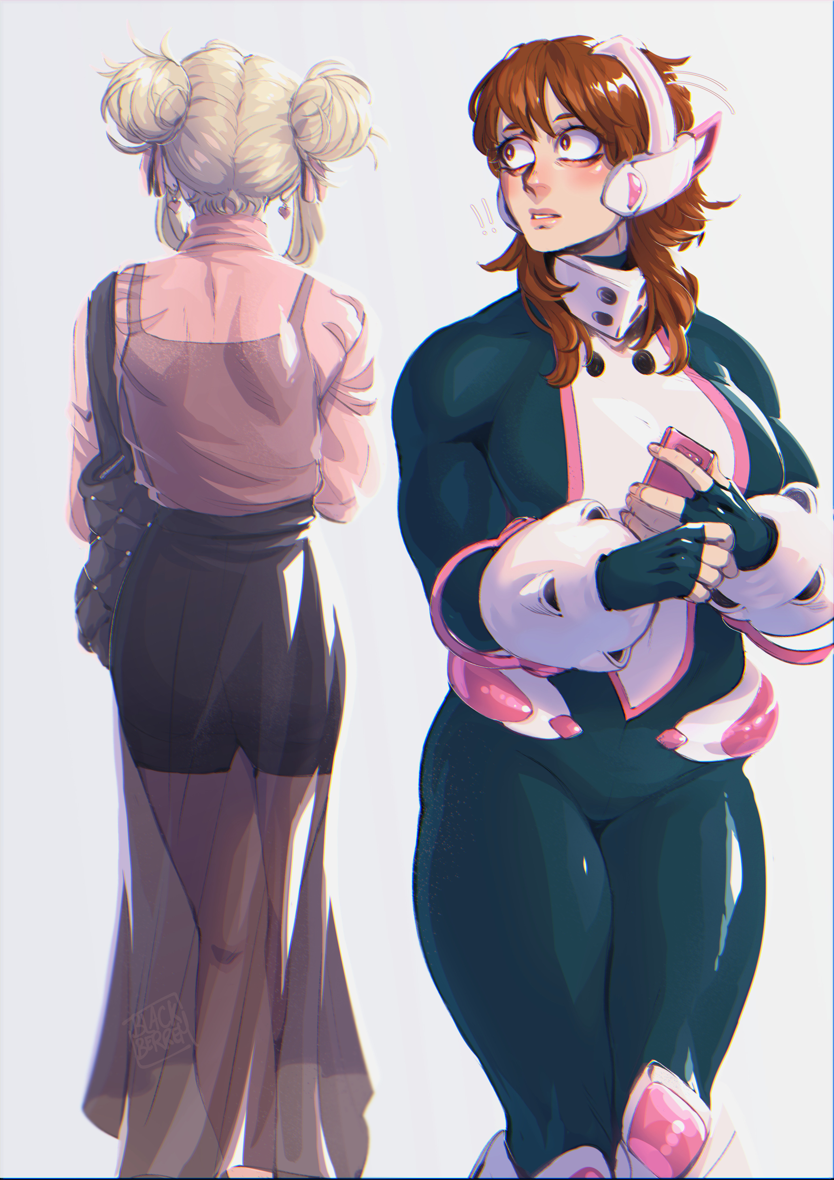 toga himiko, uraraka ochako, boku no hero academia, absurdres, highres, !, !!, 2girls, bag, blackberreh-art, blonde hair, brown hair, double bun, fingerless gloves, gloves, hair bun, holding, holding phone, lips, multiple girls, muscular, muscular female, parted lips, phone, see-through clothes, see-through shirt, see-through skirt, shirt, shoulder bag, skirt, wide-eyed
