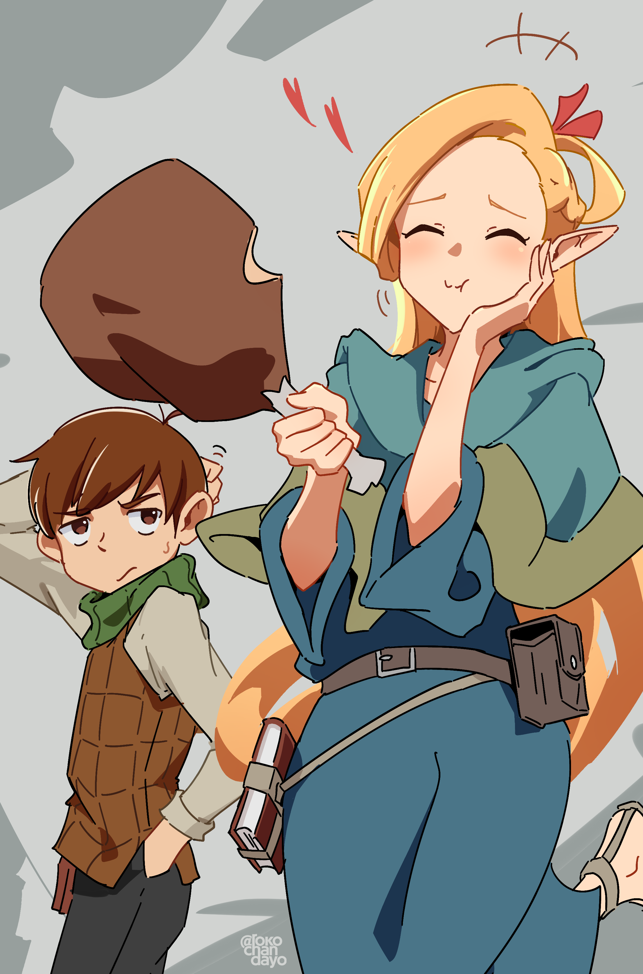 rokochandayo, chilchuck tims, marcille donato, dungeon meshi, absurdres, commentary request, highres, 1boy, 1girl, :i, ^ ^, ahoge, arm up, black pants, blonde hair, blue dress, blush, book, brown eyes, brown hair, brown vest, chicken (food), chicken leg, closed eyes, closed mouth, cowboy shot, dress, eating, elf, food, foot up, green scarf, grey shirt, halfling, hand in pocket, hand on own cheek, hand on own face, hands up, happy, holding, holding food, long hair, long sleeves, looking at another, pants, pointy ears, scarf, scratching head, shirt, short hair, standing, straight hair, sweat, twitter username, very long hair, very short hair, vest, waist bag