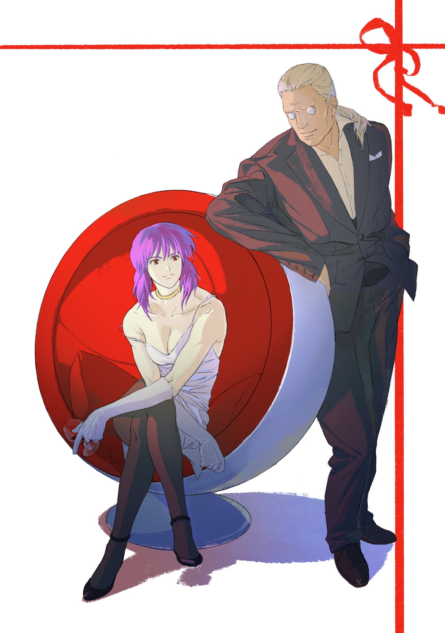 aizheajsee, batou (gits), kusanagi motoko, ghost in the shell, ghost in the shell: stand alone complex, highres, 1girl, artificial eye, black pantyhose, cyborg, dress, long hair, mechanical eye, pantyhose, ponytail, purple hair, red eyes, shadow, sitting, solo, strapless, strapless dress, white background, white dress