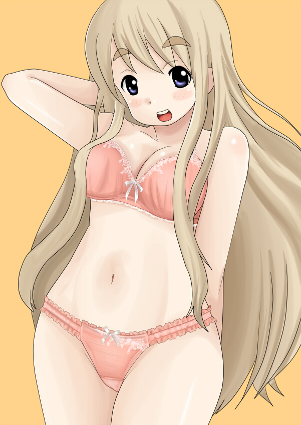 nullhachi, kotobuki tsumugi, k-on!, eyebrows, light brown hair, bad id, bad pixiv id, 00s, 1girl, blonde hair, blue eyes, blush, bow, bow bra, bow panties, bra, breasts, cleavage, female focus, frilled panties, frills, lingerie, long hair, medium breasts, navel, panties, pink bra, pink panties, plump, ribbon, round teeth, smile, solo, teeth, underwear, underwear only, very long hair