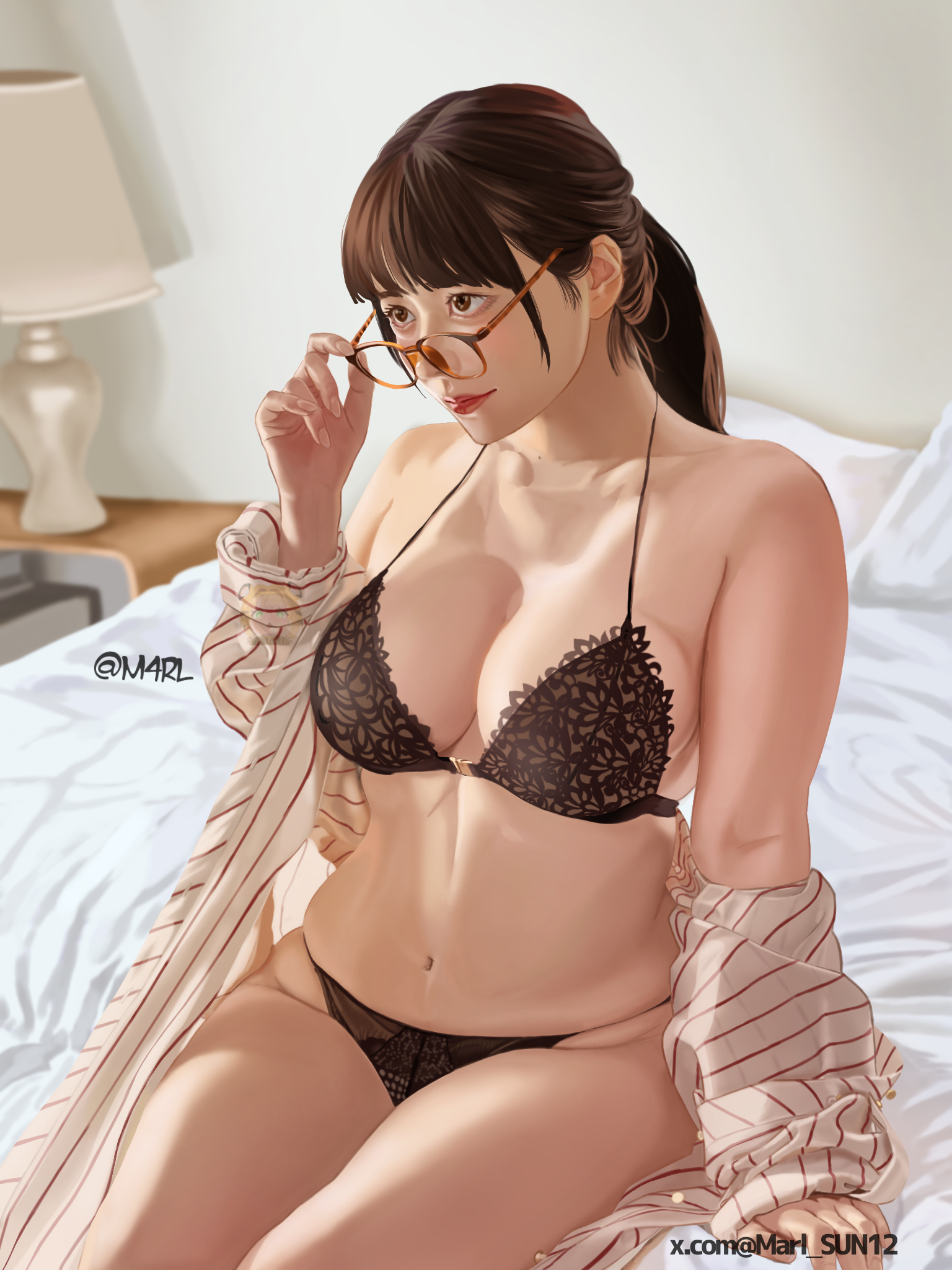 marl 04art, shinonome umi, real life, highres, 1girl, adjusting eyewear, arm support, artist name, bare shoulders, bathrobe, bed, black bra, black panties, blunt bangs, bra, breasts, brown eyes, brown hair, cleavage, glasses, indoors, lamp, large breasts, lingerie, lipstick, long hair, looking to the side, makeup, navel, off shoulder, on bed, panties, ponytail, realistic, solo, stomach, thighs, twitter username, underwear