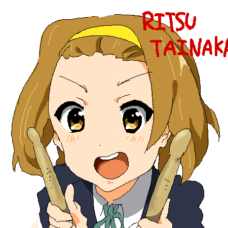 sham fu, tainaka ritsu, k-on!, bad id, bad pixiv id, lowres, 00s, 1girl, brown eyes, brown hair, drumsticks, female focus, headband, oekaki, school uniform, simple background, smile, solo