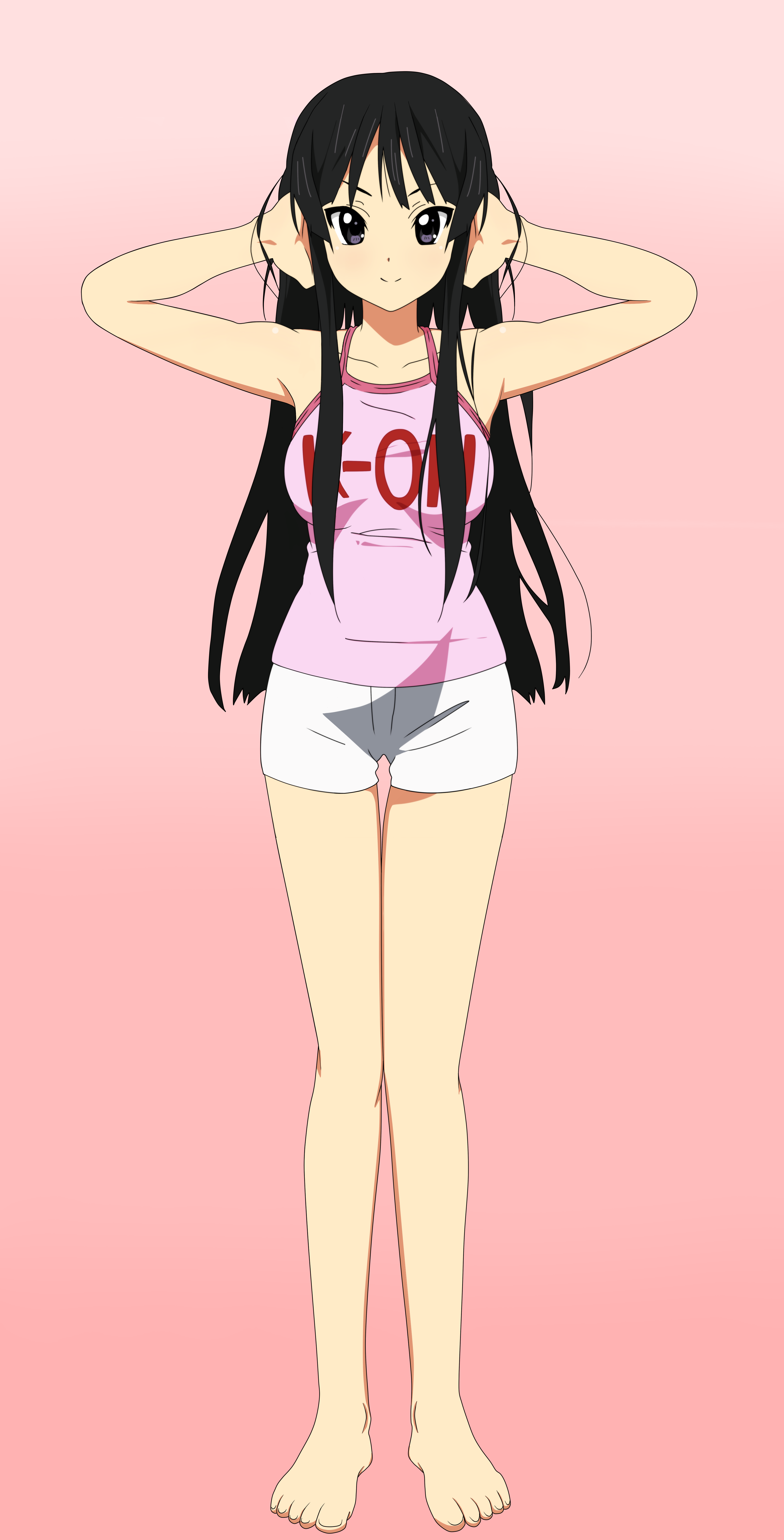 akiyama mio, k-on!, absurdres, derivative work, highres, vector trace, 00s, 1girl, barefoot, black eyes, black hair, blunt bangs, feet, female focus, headphones, hime cut, long hair, short shorts, shorts, solo, tank top, toes