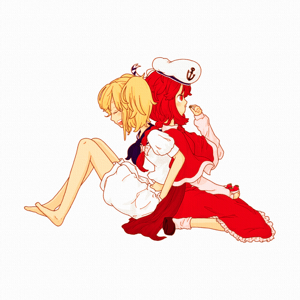 suiyou taruta, suiyoubi, kitashirakawa chiyuri, okazaki yumemi, phantasmagoria of dim.dream, touhou, touhou (pc-98), 2girls, anchor, back-to-back, barefoot, blonde hair, cape, closed eyes, eating, feet, female focus, food, fruit, hat, midriff, multiple girls, navel, red eyes, red hair, sailor, sailor hat, sitting, strawberry