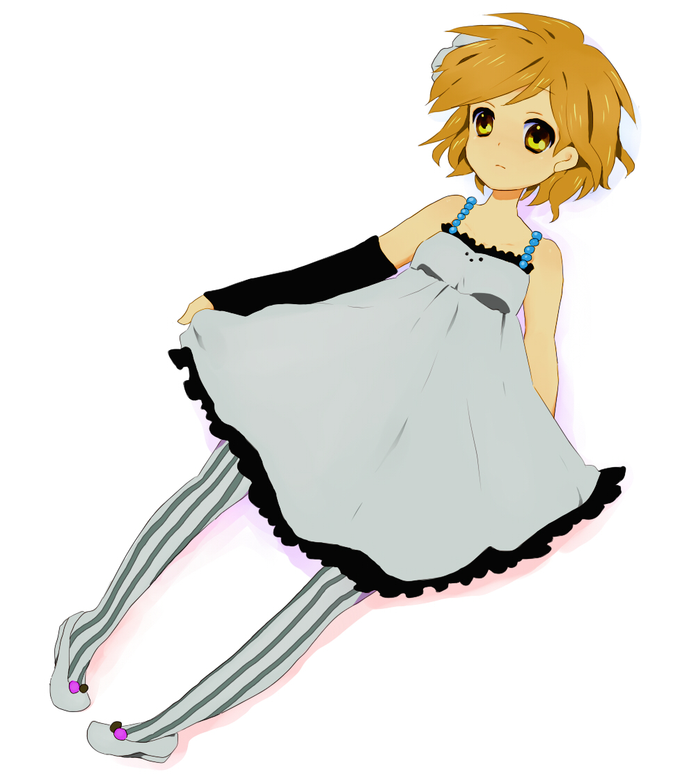 to i, tooi, hirasawa yui, don't say "lazy", k-on!, bad id, bad pixiv id, 00s, 1girl, brown hair, dress, female focus, flats, full body, gloves, gradient background, pantyhose, short hair, single glove, solo, striped clothes, striped pantyhose, vertical-striped clothes, vertical-striped pantyhose, yellow eyes