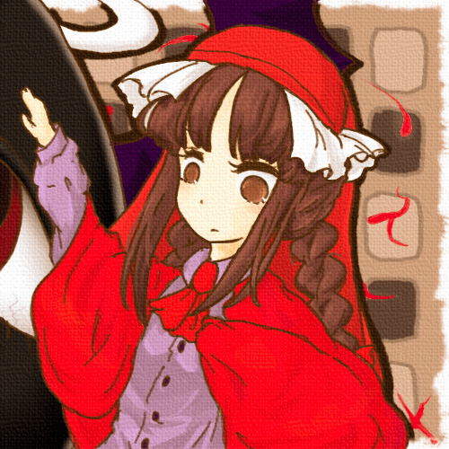 suiyou taruta, suiyoubi, evil eye sigma, ex-rika, rika (touhou), the story of eastern wonderland, touhou, touhou (pc-98), lowres, 1girl, braid, brown eyes, brown hair, cape, female focus, hat, long sleeves, shirt, solo, twin braids