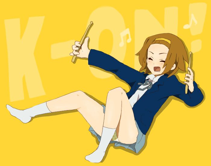 to i, tooi, tainaka ritsu, k-on!, bad id, bad pixiv id, 00s, 1girl, brown hair, closed eyes, drumsticks, female focus, full body, panties, pantyshot, school uniform, short hair, simple background, smile, socks, solo, underwear, upskirt, white socks
