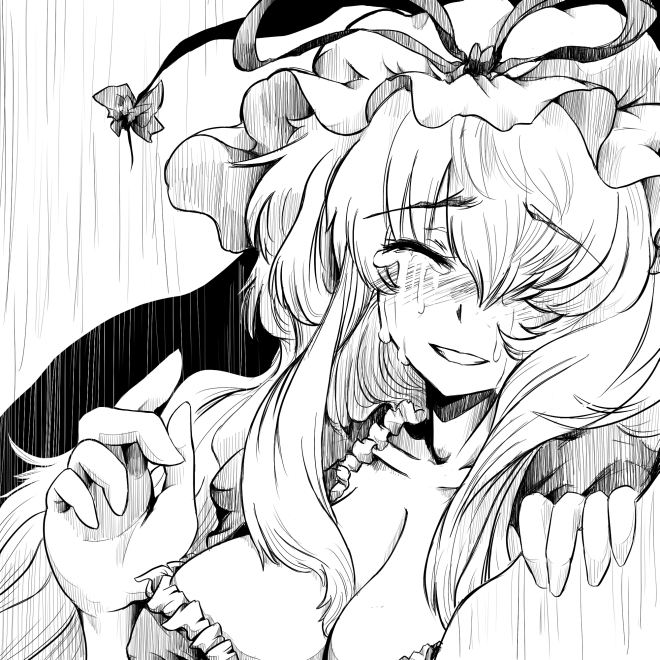 naui kudan, yakumo yukari, touhou, 1girl, breasts, cleavage, female focus, gap (touhou), greyscale, hat, large breasts, long hair, monochrome, rain, solo, tears, upper body, white background