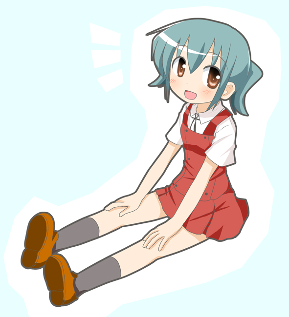 minami (colorful palette), nori (hidamari sketch), hidamari sketch, 00s, 1girl, :d, aqua hair, female focus, open mouth, school uniform, shoes, short hair, sitting, smile, socks, solo, twintails, yamabuki high school uniform