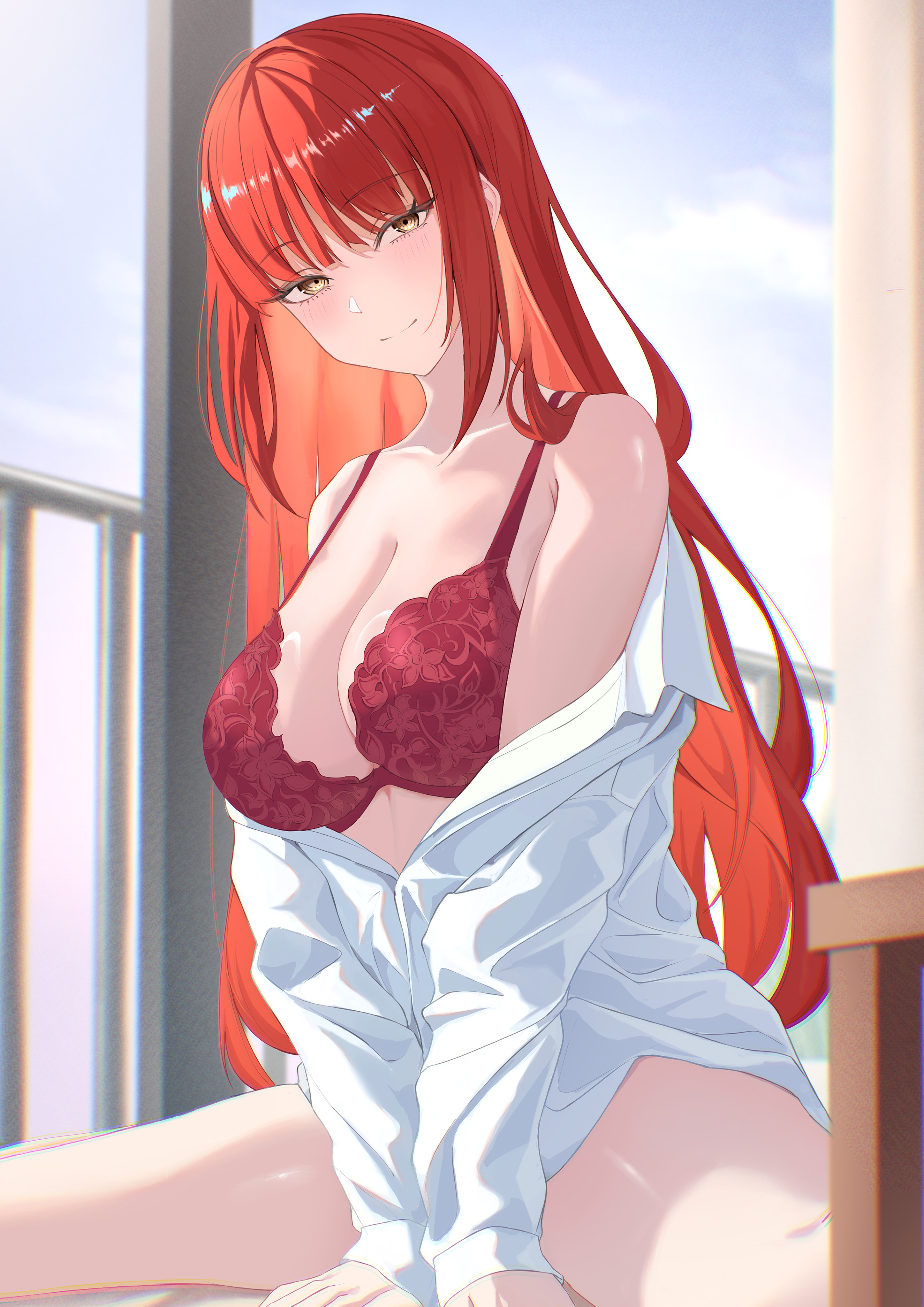 gusa, makima (chainsaw man), chainsaw man, absurdres, highres, 1girl, bra, breasts, closed mouth, large breasts, light smile, long hair, looking at viewer, red bra, red hair, shirt, solo, underwear, white shirt, window, yellow eyes