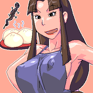 matagitii, lin (sen to chihiro no kamikakushi), sen to chihiro no kamikakushi, studio ghibli, lowres, 00s, 1girl, apron, breasts, brown hair, covered erect nipples, female focus, food, large breasts, long hair, naked apron, red lips, sideboob, solo