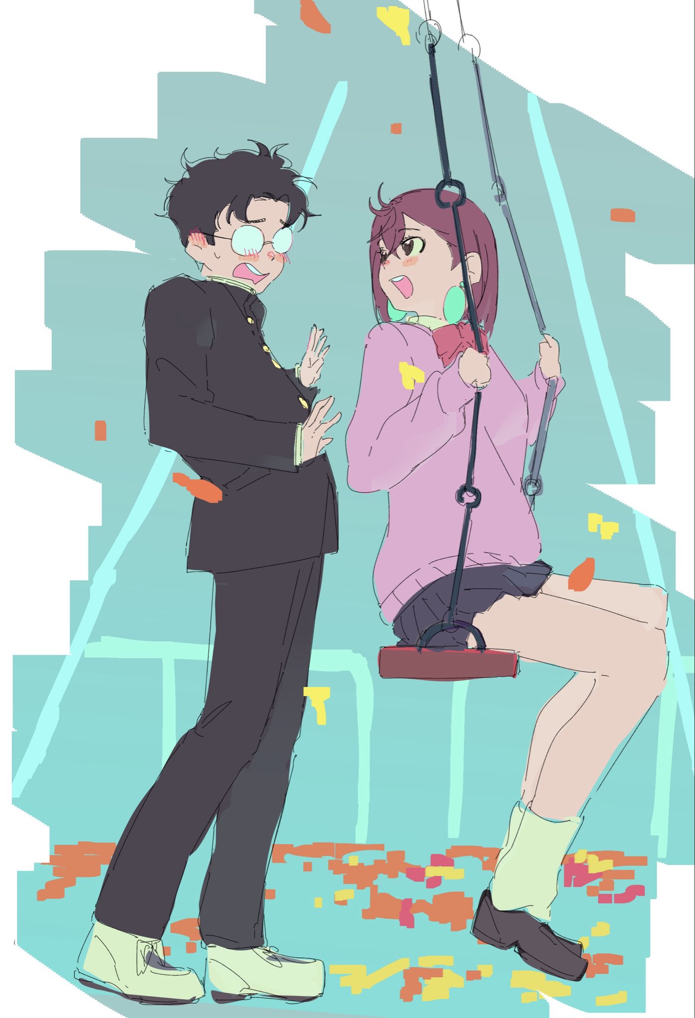 3pa sanpa, ayase momo, takakura ken (dandadan), dandadan, highres, 1boy, 1girl, black hair, black jacket, black pants, blush, bow, bowtie, breasts, brown hair, brown shoes, crossed bangs, ear blush, earrings, falling leaves, full body, gakuran, glasses, hair between eyes, jacket, jewelry, leaf, looking at another, medium breasts, medium hair, nervous sweating, on swing, open mouth, pants, parted bangs, pink sweater, pleated skirt, red bow, red bowtie, round eyewear, school uniform, shoes, short hair, sketch, skirt, smile, socks, sweat, sweater, swing, swinging on swing, white shoes, white socks