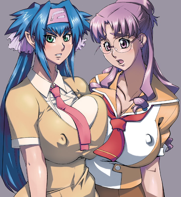 matagitii, klan klein, matsuura nanase, meltrandi, zentradi, macross, macross frontier, 00s, 2girls, asymmetrical docking, blue hair, breast press, breasts, brown eyes, covered erect nipples, glasses, green eyes, huge breasts, impossible clothes, impossible shirt, multiple girls, purple hair, shirt, symmetrical docking
