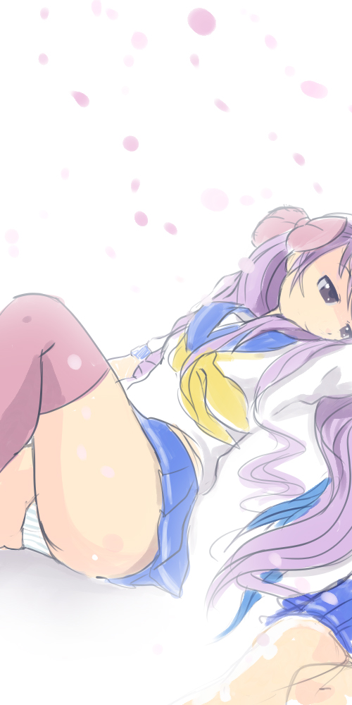 okera, hiiragi kagami, izumi konata, lucky star, 00s, 2girls, blue hair, hair ribbon, long hair, multiple girls, panties, purple eyes, purple hair, ribbon, school uniform, serafuku, striped clothes, striped panties, thighhighs, twintails, underwear