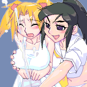 matagitii, lowres, 1futa, 1girl, black hair, blonde hair, blush, borrowed character, breasts, closed eyes, cum, ejaculation, futa with female, futanari, grabbing another's breast, groping, large breasts, penis, ponytail, twintails