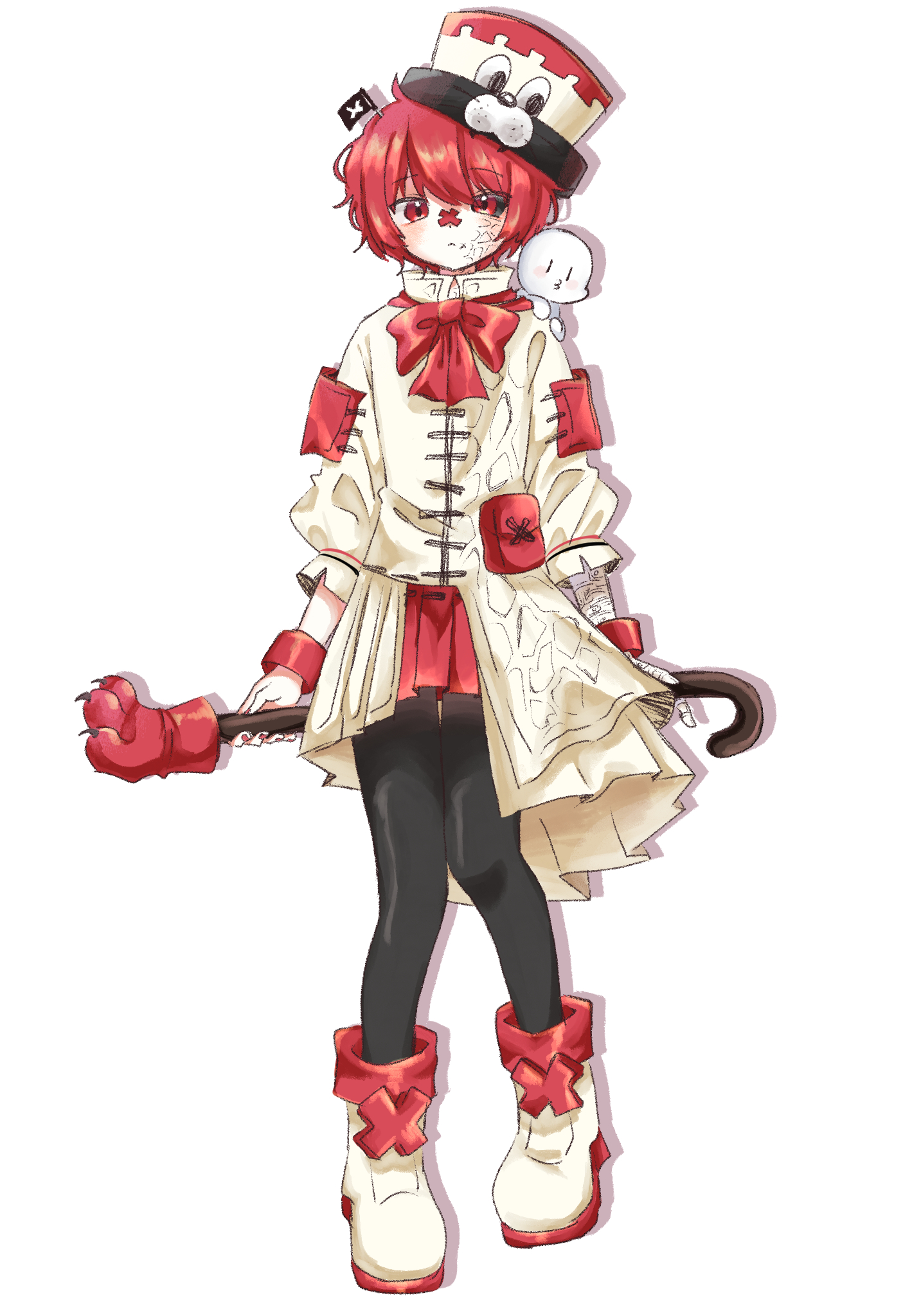 gimt5n, fukase, point (vocaloid), vocaloid, commentary request, highres, 1boy, :<, ahoge, animal hat, ankle boots, asymmetrical clothes, bandaid, bandaid on face, bandaid on nose, black pantyhose, black sclera, boots, bow, bowtie, cane, closed mouth, coat, collared coat, colored sclera, colored shoe soles, crossed bandaids, drop shadow, expressionless, full body, hair between eyes, hat, hat tip, head flag, holding, holding cane, knees together feet apart, long sleeves, male focus, miniskirt, mismatched sclera, on shoulder, pantyhose, pleated skirt, puffy long sleeves, puffy sleeves, red bow, red bowtie, red eyes, red hair, red skirt, short hair, simple background, skirt, solo, standing, standing on one leg, straight-on, swept bangs, top hat, white background, white boots, white coat, white hat, wristband