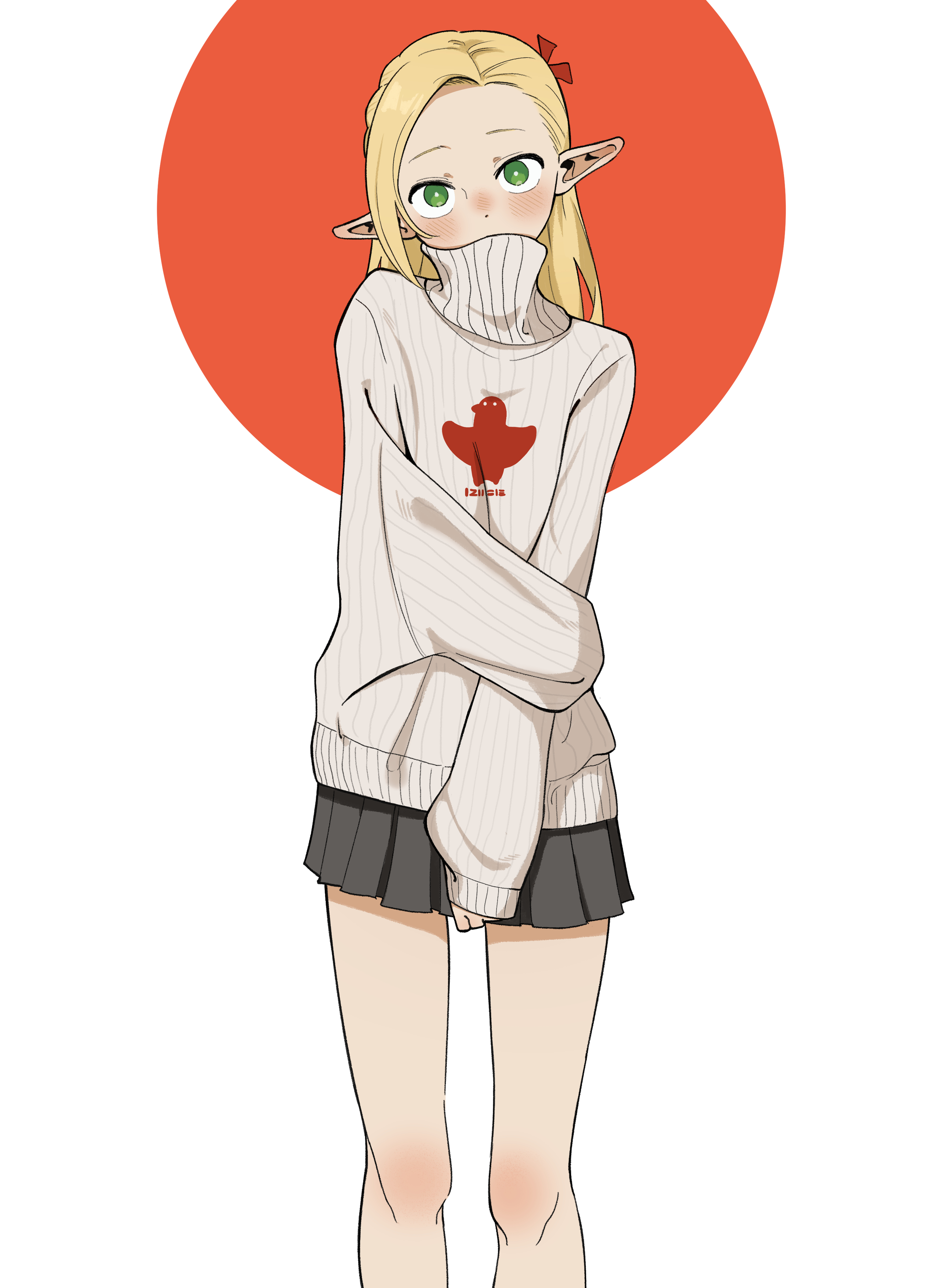 pash-uwu, marcille donato, dungeon meshi, absurdres, commentary, highres, 1girl, alternate costume, black skirt, blonde hair, blush, bright pupils, contemporary, covered mouth, dot nose, elf, feet out of frame, forehead, green eyes, grey sweater, hand on own elbow, long hair, long sleeves, looking at viewer, miniskirt, nose blush, pleated skirt, pointy ears, print sweater, ribbed sweater, skirt, solo, standing, straight-on, sweater, turtleneck, turtleneck sweater, two-tone background, white pupils