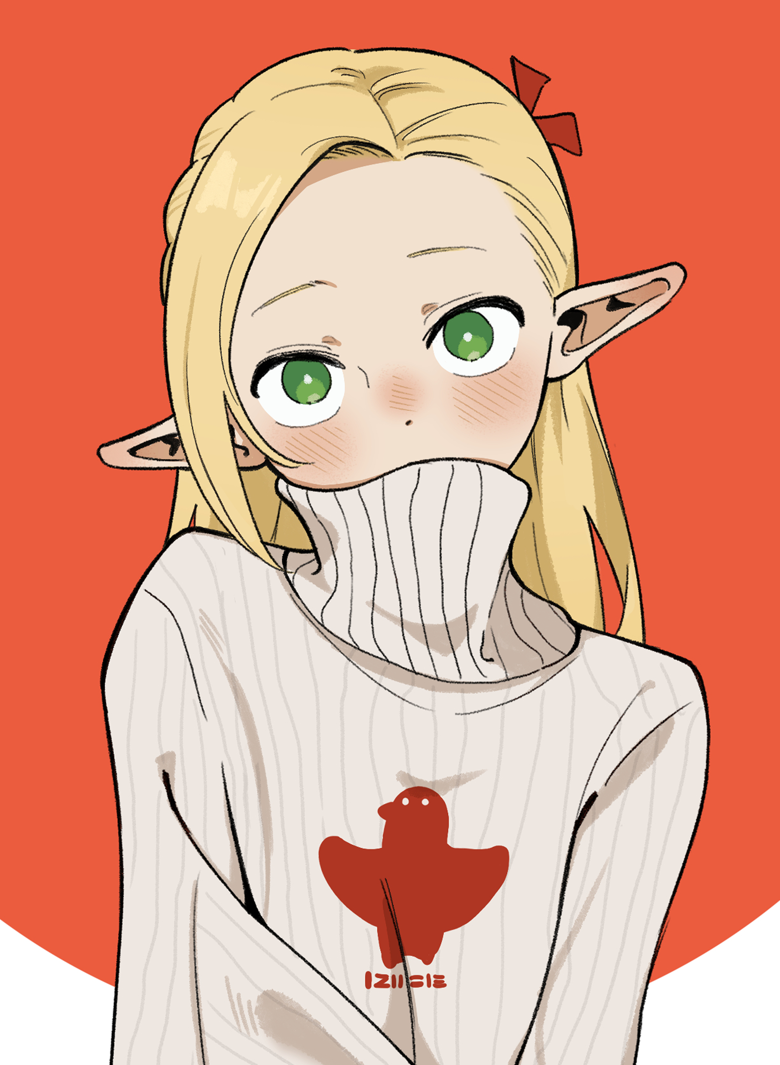pash-uwu, marcille donato, dungeon meshi, absurdres, commentary, highres, 1girl, alternate costume, arms at sides, blonde hair, blush, bright pupils, covered mouth, dot nose, elf, forehead, green eyes, grey sweater, long hair, looking at viewer, nose blush, pointy ears, print sweater, red background, ribbed sweater, solo, straight-on, sweater, turtleneck, turtleneck sweater, upper body, white pupils