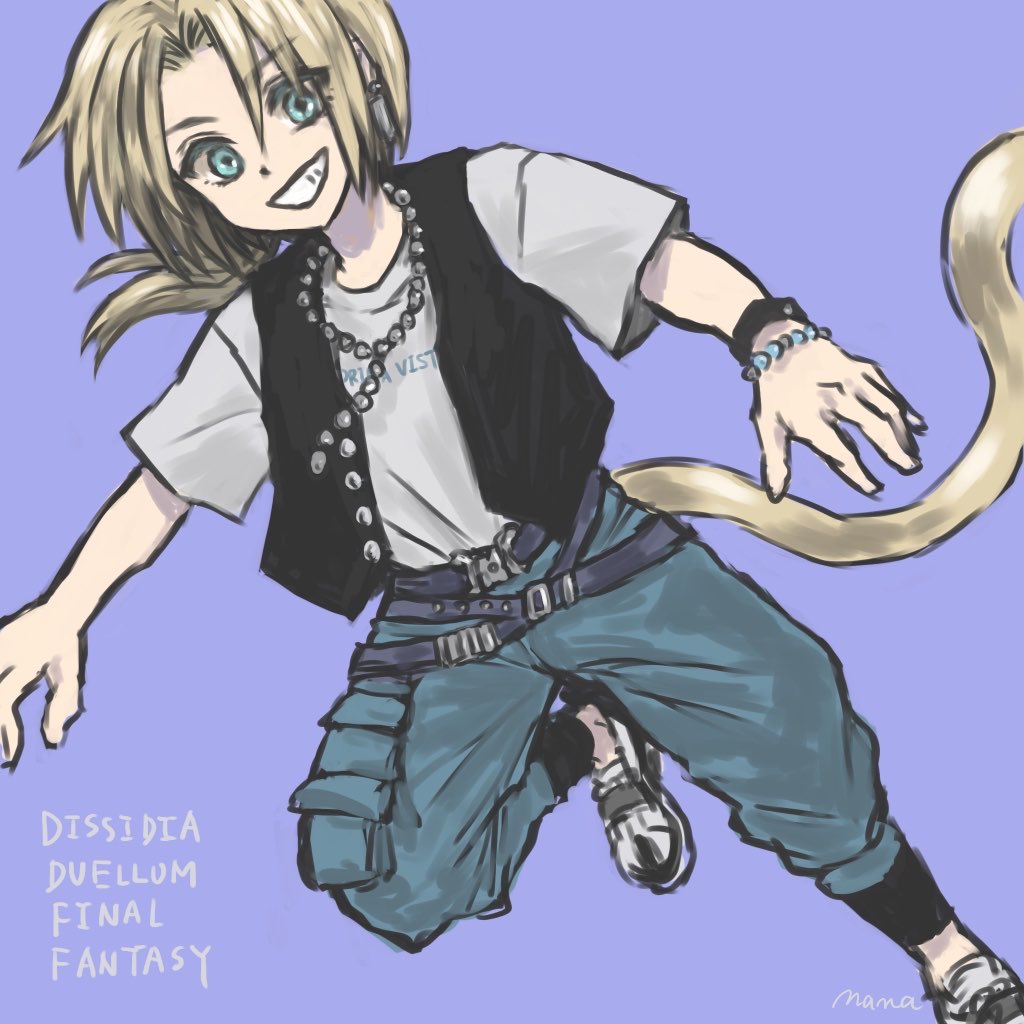 u5apy0n, zidane tribal, dissidia duellum final fantasy, dissidia final fantasy, final fantasy, final fantasy ix, 1boy, artist name, bead bracelet, beads, belt, black vest, blonde hair, blue background, blue eyes, blue pants, bracelet, cat tail, copyright name, full body, grin, hair between eyes, jewelry, looking at viewer, low ponytail, male focus, multiple belts, necklace, official alternate costume, pants, parted bangs, ponytail, print shirt, shirt, shoes, sketch, smile, solo, t-shirt, tail, teeth, vest, white shirt, white shoes