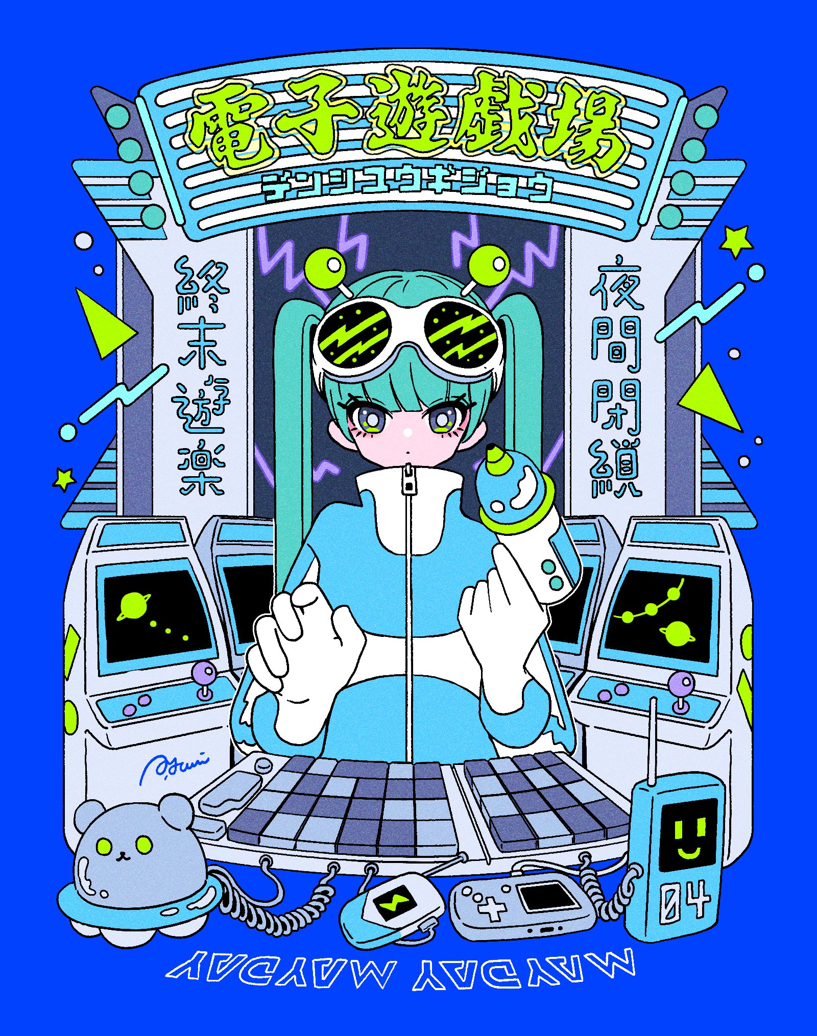 nakazawa ayami, original, commentary, highres, 1girl, antennae, aqua hair, arcade cabinet, blue background, blue jacket, blunt bangs, closed mouth, energy gun, gloves, goggles, goggles on head, gun, hair between eyes, high collar, holding, holding gun, holding weapon, jacket, long hair, looking at viewer, multicolored jacket, ray gun, solo, straight-on, twintails, two-tone jacket, upper body, weapon, white gloves